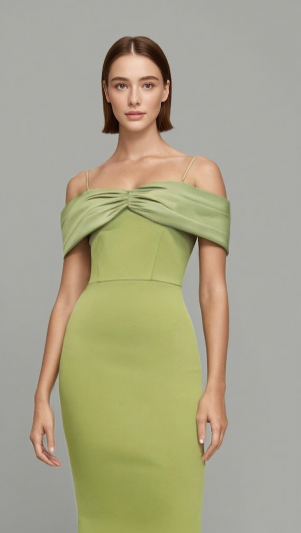 AIIZIE OFF - SHOULDER BOW - FRONT MERMAID MIDI DRESS IN GREEN - product image