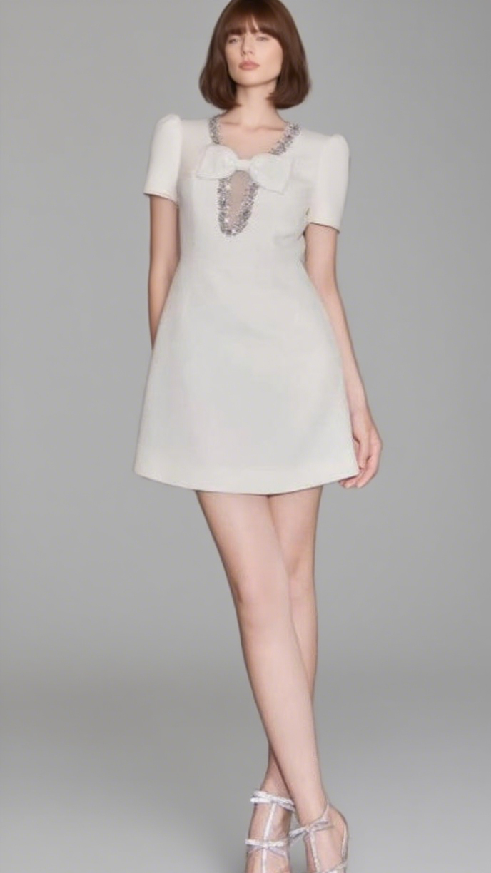 V-neck diamond chain bow mini dress in ivory