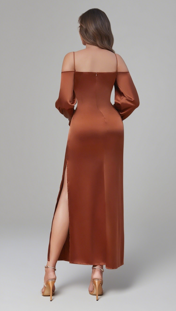 AIIZIE SPAGHETTI - STRAP OFF - SHOULDER SATIN MIDI DRESS IN BROWN - product image