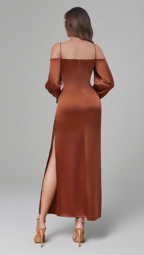 SPAGHETTI - STRAP OFF - SHOULDER SATIN MIDI DRESS IN BROWN