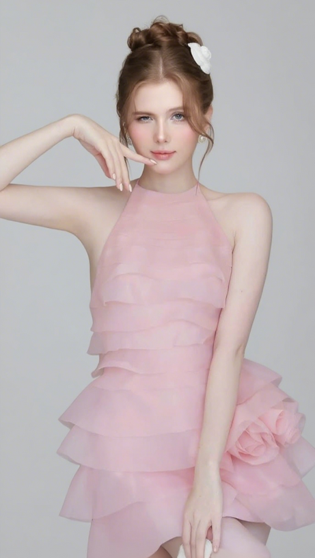 3D FLOWER HALTER RUFFLE LAYER MINI DRESS IN PINK