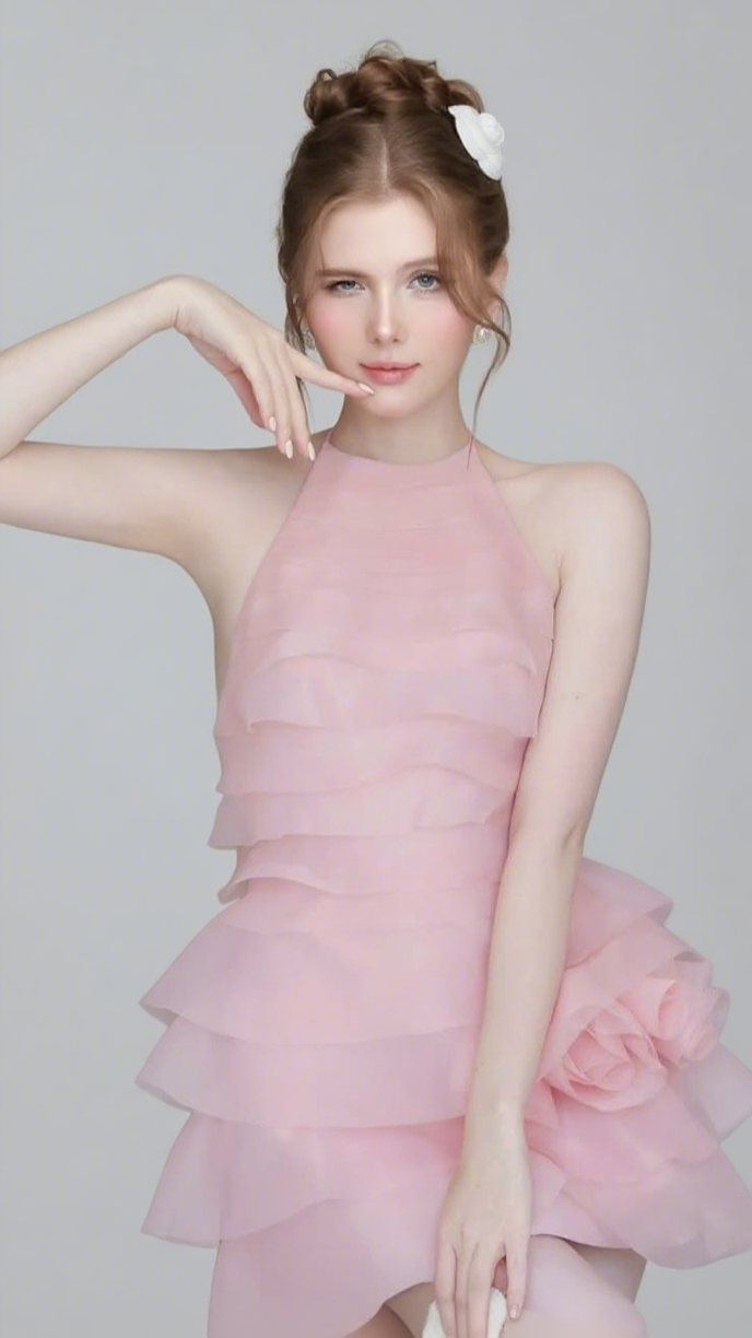 3D FLOWER HALTER RUFFLE LAYER MINI DRESS IN PINK