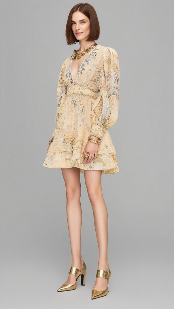 AIIZIE MULTICOLOR FLORAL PRINT V-NECKLINE SILK LAYER MINI DRESS - product image