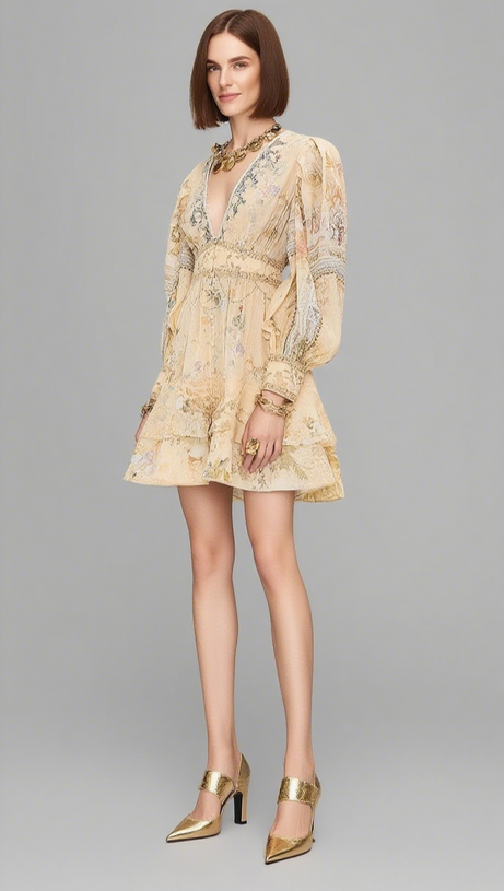 MULTICOLOR FLORAL PRINT V-NECKLINE SILK LAYER MINI DRESS