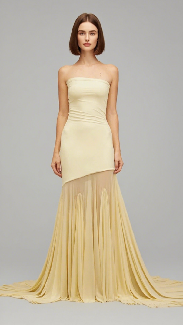 AIIZIE STRAPLESS COLOR BLOCK MERMAID MAXI DRESS IN YELLOW - product image