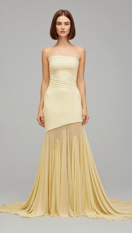 STRAPLESS COLOR BLOCK MERMAID MAXI DRESS IN YELLOW