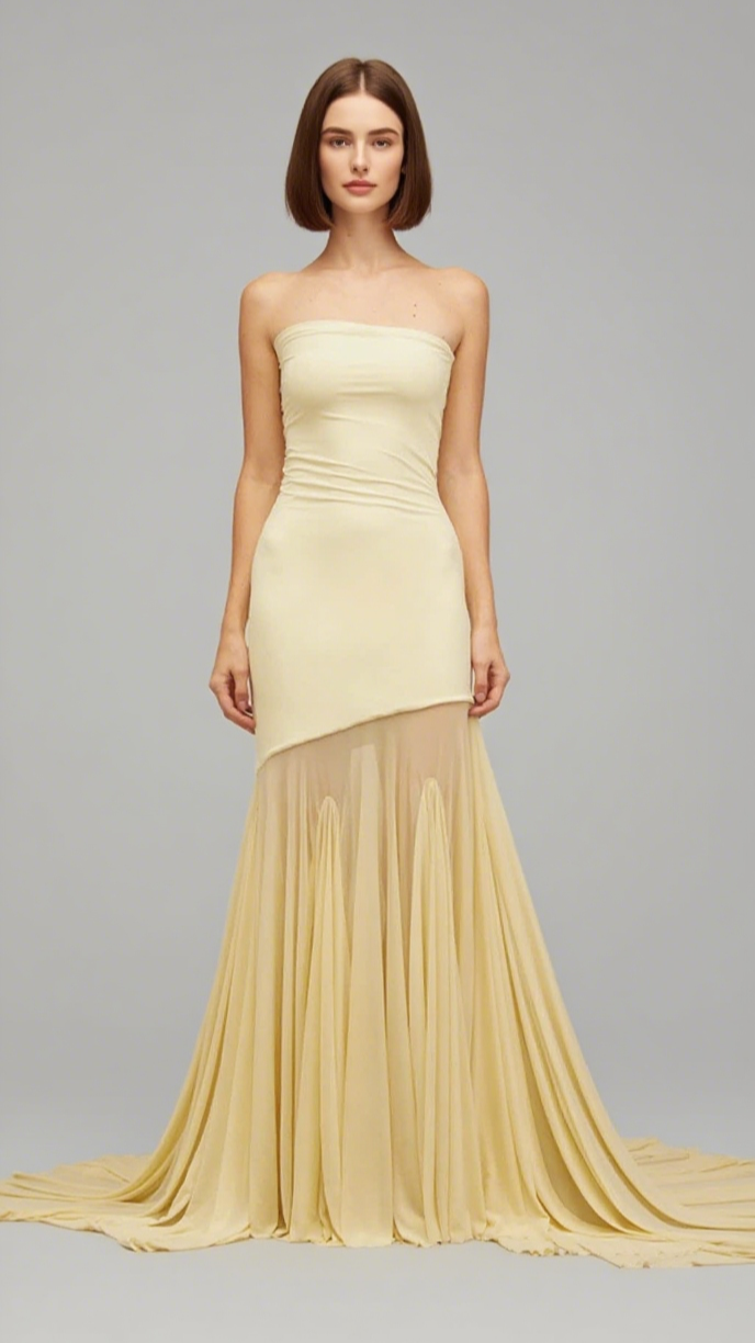 STRAPLESS COLOR BLOCK MERMAID MAXI DRESS IN YELLOW