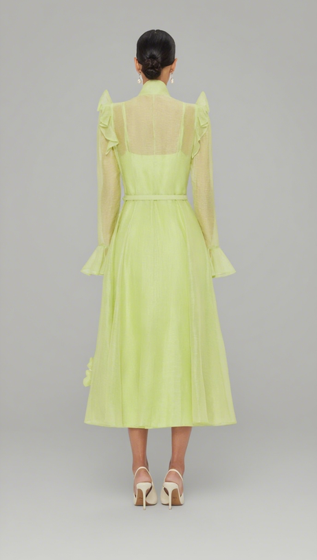 3D FLOWER BUTTERFLY SLEEVE MIDI DRESS - CHARTREUSE