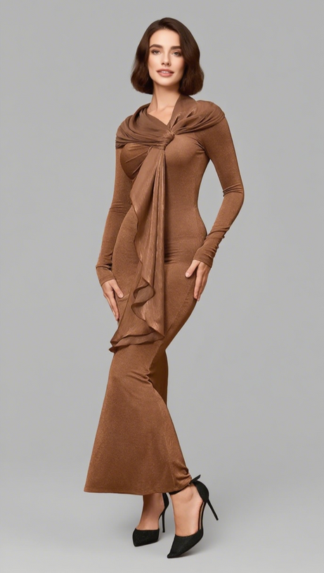 Einschultriges, gerüschtes Midi-Wickelkleid in Braun