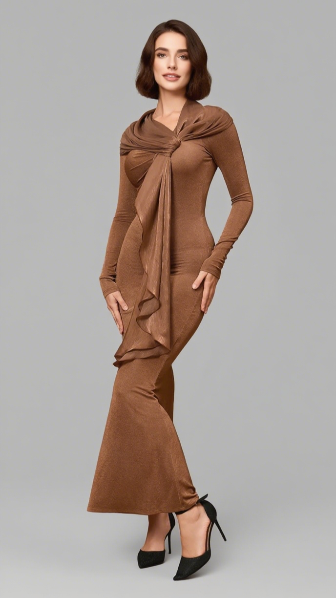 ONE - SHOULDER RUFFLED WRAP MIDI DRESS IN BROWN
