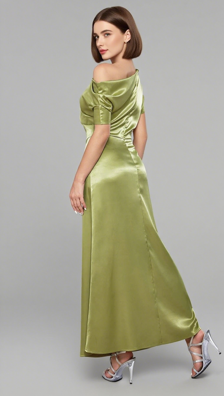SATIN ONE - SHOULDER MIDI DRESS IN LIME GREEN