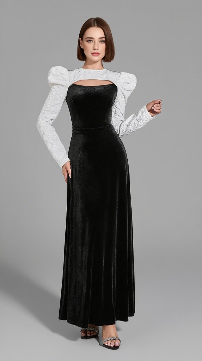 VELVET PUFF - SLEEVE MAXI DRESS IN BLACK AND WHITE