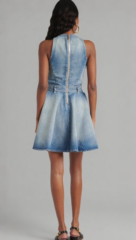 DENIM SLEEVELESS FLARED MINI DRESS