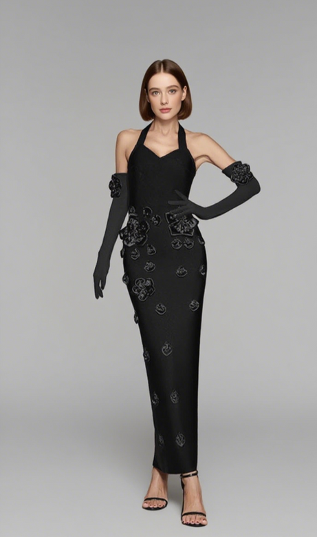 Strapless Floral Embellished Midi Dress in Black
