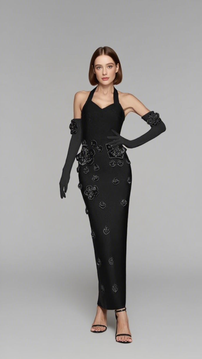 STRAPLESS FLORAL EMBELLISHED MIDI DRESS IN BLACK