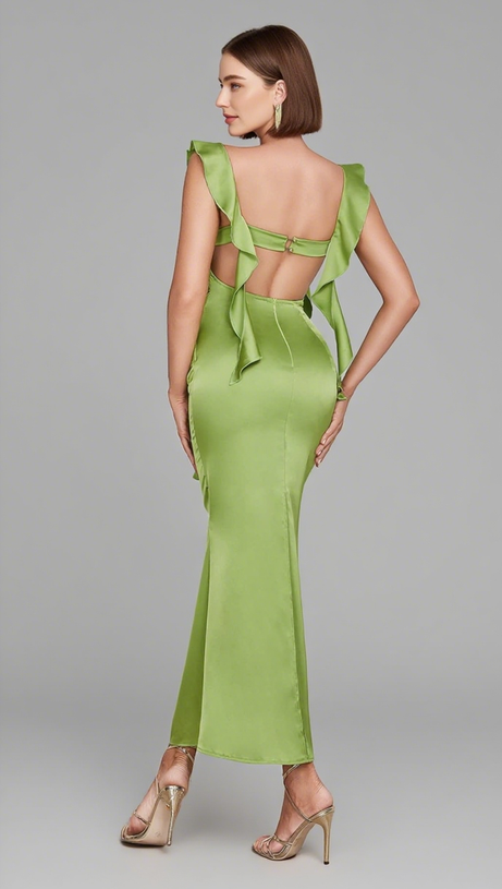 RUFFLED STRAP RUCHED MIDI DRESS IN GREEN