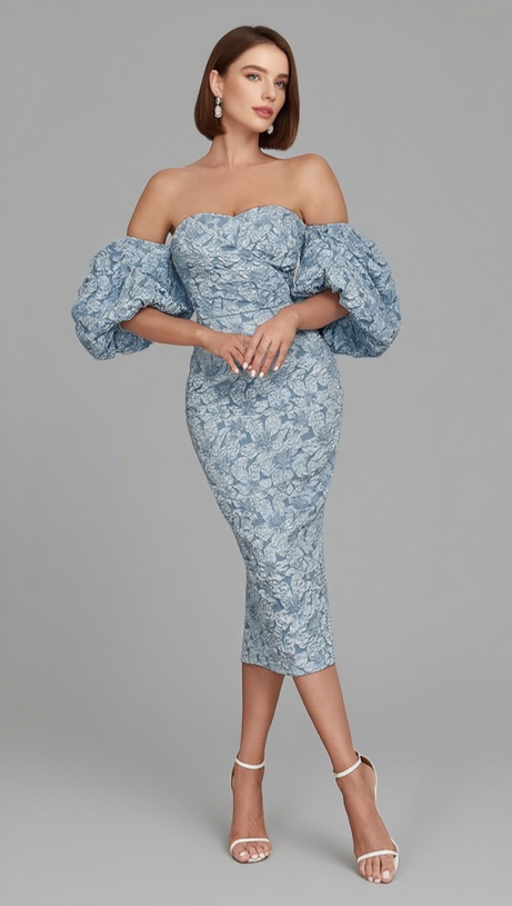 FLORAL - JACQUARD OFF - SHOULDER MIDI DRESS IN NAVY BLUE