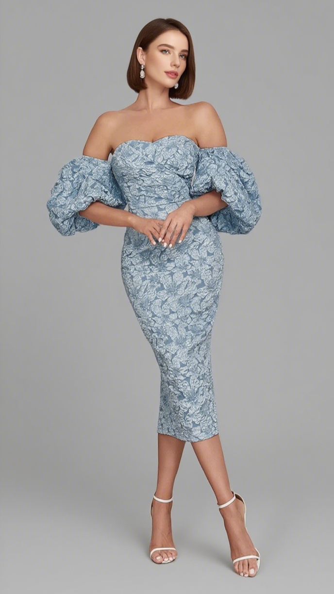 FLORAL - JACQUARD OFF - SHOULDER MIDI DRESS IN NAVY BLUE