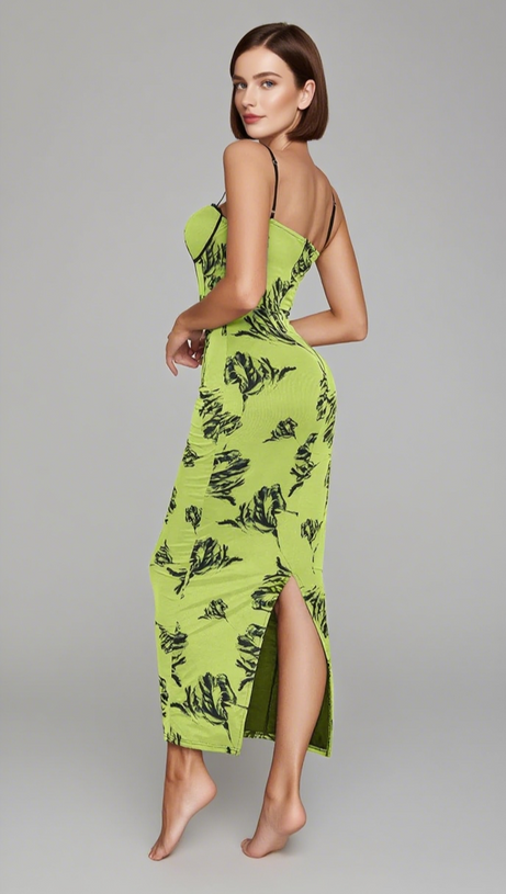 FLORAL PRINT CORSET - STYLE MIDI DRESS IN NEON GREEN