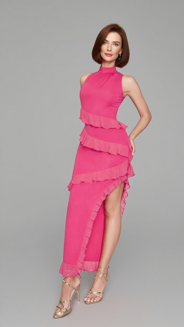 AIIZIE HALTER NECK ASYMMETRIC RUFFLED MIDI DRESS IN PINK - product image