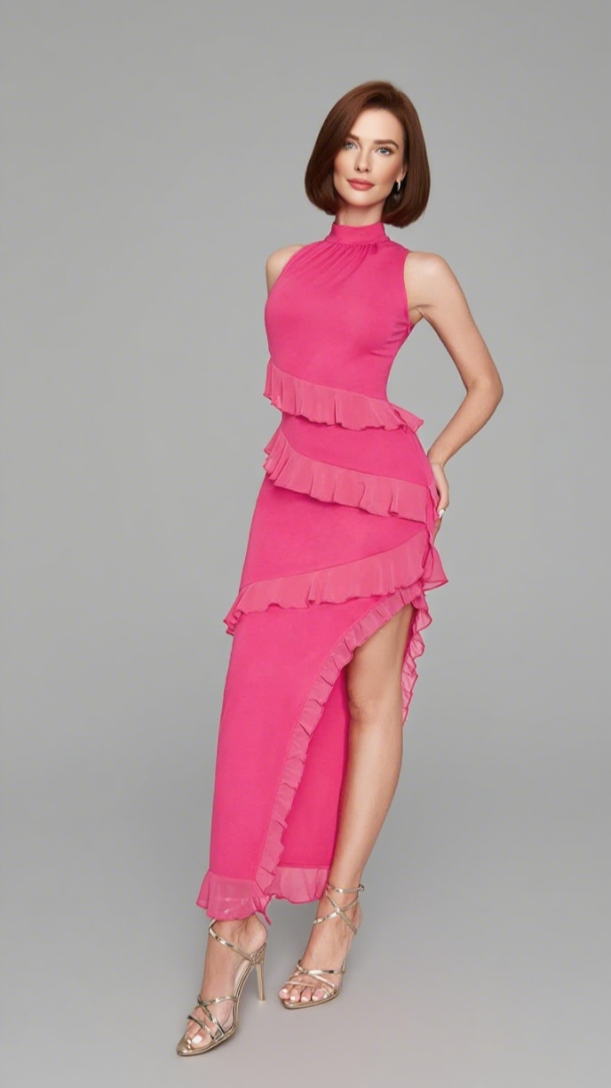 HALTER NECK ASYMMETRIC RUFFLED MIDI DRESS IN PINK