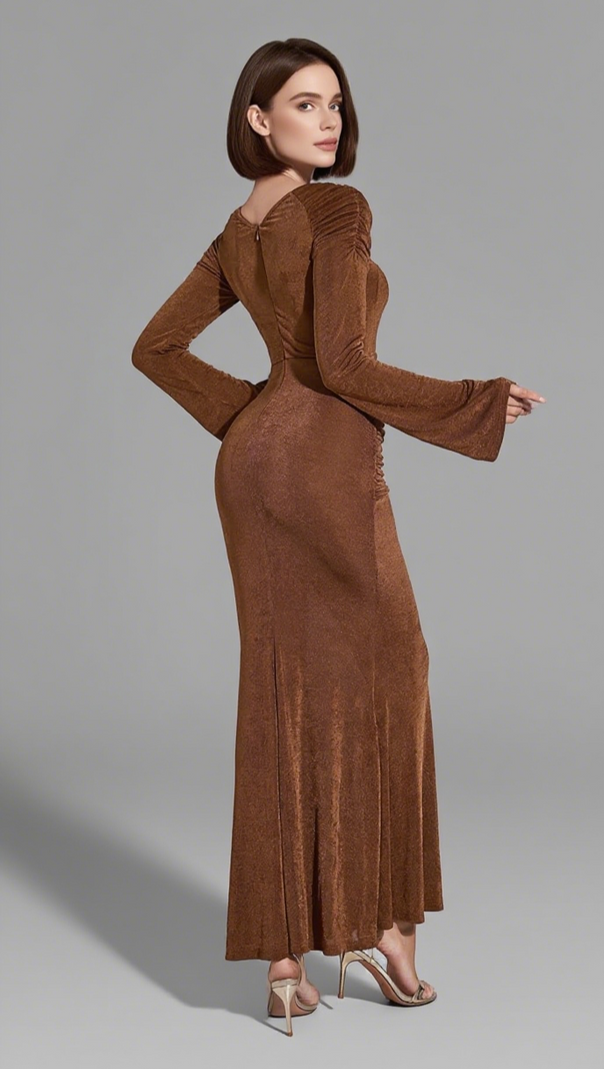 AIIZIE V - NECK RUCHED LONG - SLEEVE MIDI DRESS IN BROWN - product image