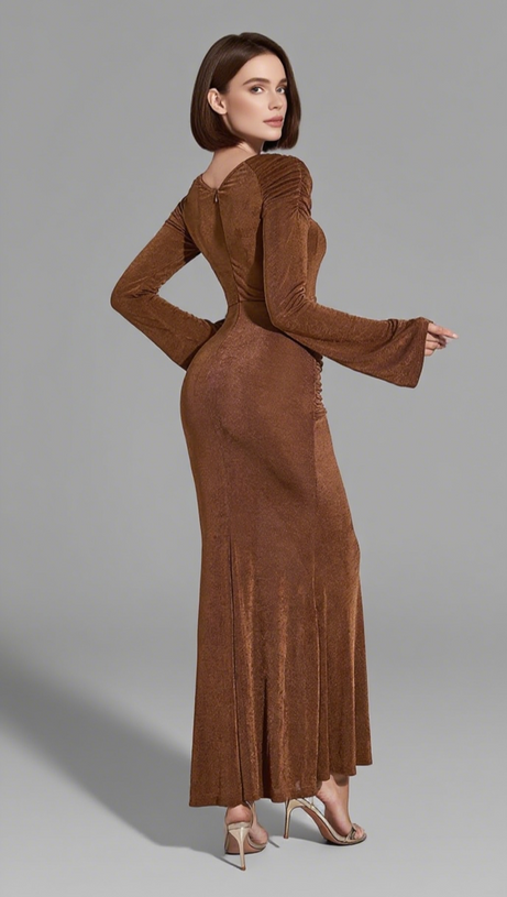 V - NECK RUCHED LONG - SLEEVE MIDI DRESS IN BROWN