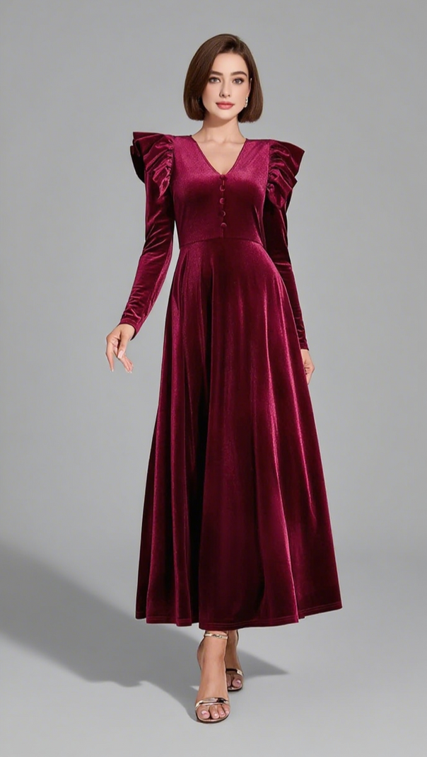 AIIZIE VELVET RUFFLED SLEEVE BUTTON - FRONT MAXI DRESS IN DARK RED - product image