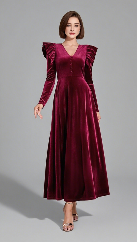 VELVET RUFFLED SLEEVE BUTTON - FRONT MAXI DRESS IN DARK RED