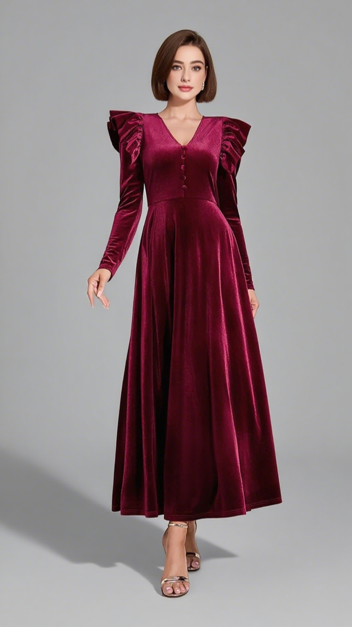 VELVET RUFFLED SLEEVE BUTTON - FRONT MAXI DRESS IN DARK RED