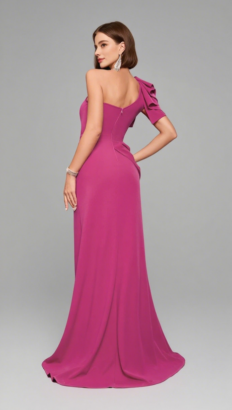 ONE - SHOULDER RUFFLED SLIT MAXI DRESS IN PINK