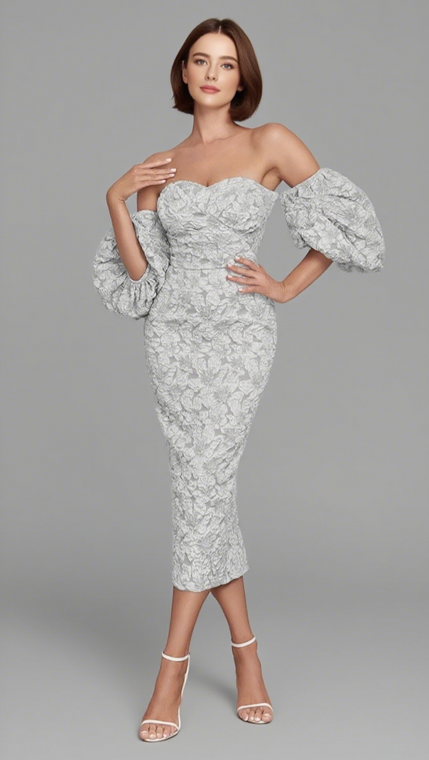 AIIZIE FLORAL - JACQUARD OFF - SHOULDER MIDI DRESS IN GREY - product image