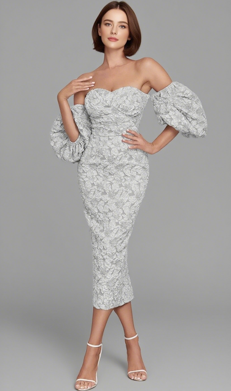 Floral - Jacquard Off - Shoulder Midi Dress in Grey