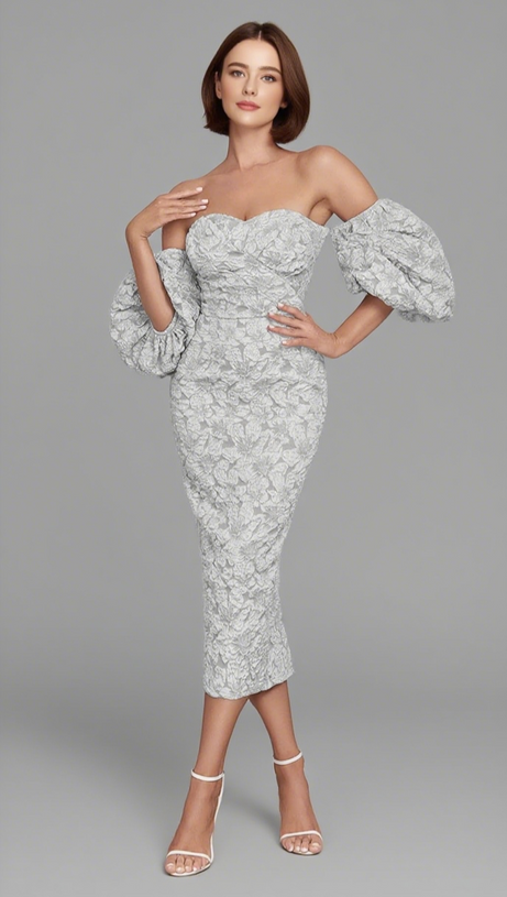 FLORAL - JACQUARD OFF - SHOULDER MIDI DRESS IN GREY