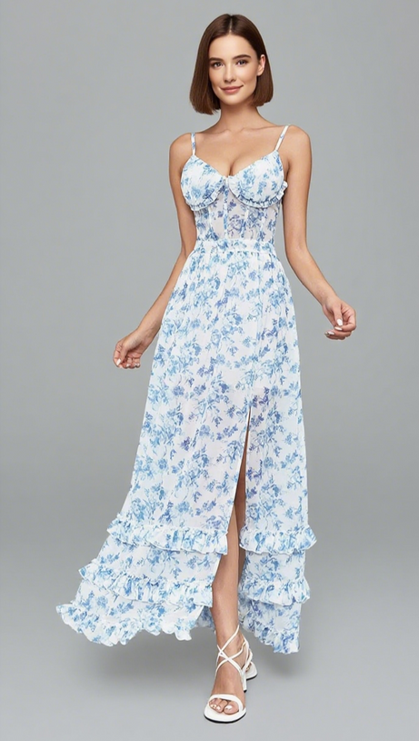 FLORAL RUFFLED SLIT MAXI DRESS IN LIGHT BLUE