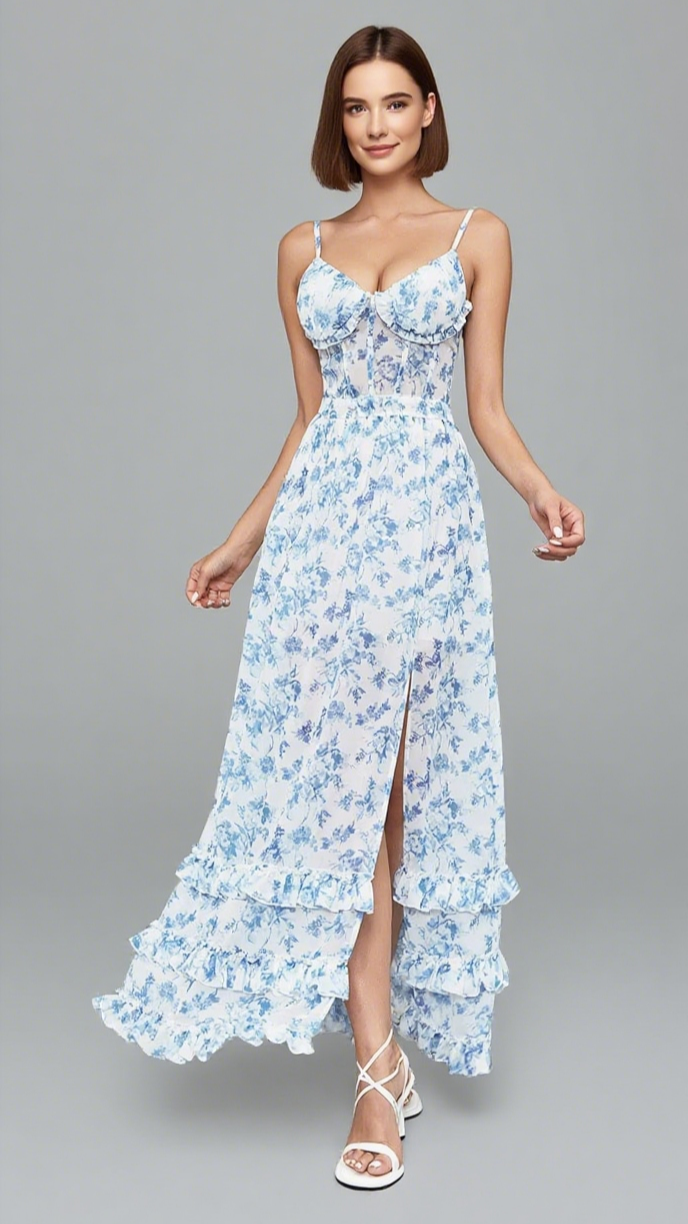 FLORAL RUFFLED SLIT MAXI DRESS IN LIGHT BLUE