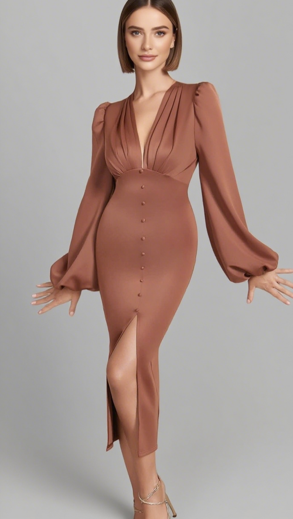 AIIZIE V - NECK PUFF - SLEEVE BUTTON - FRONT SLIT MIDI DRESS IN BROWN - product image