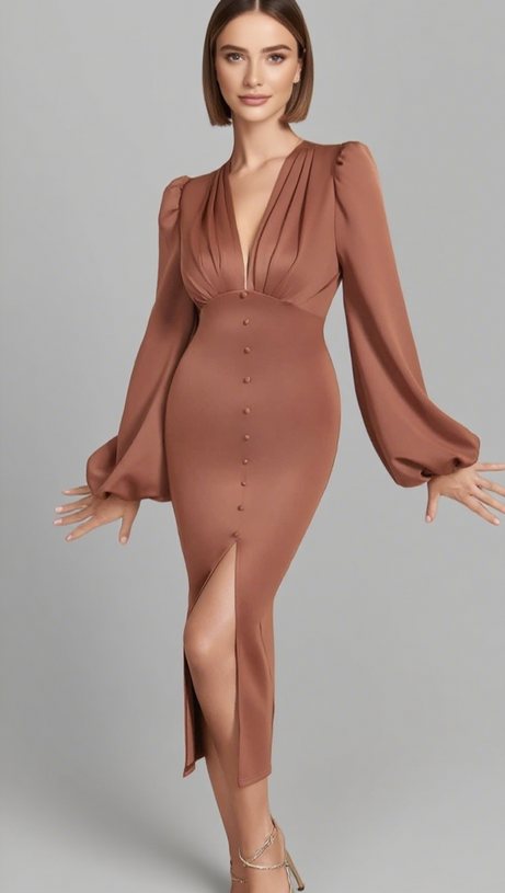 V - NECK PUFF - SLEEVE BUTTON - FRONT SLIT MIDI DRESS IN BROWN