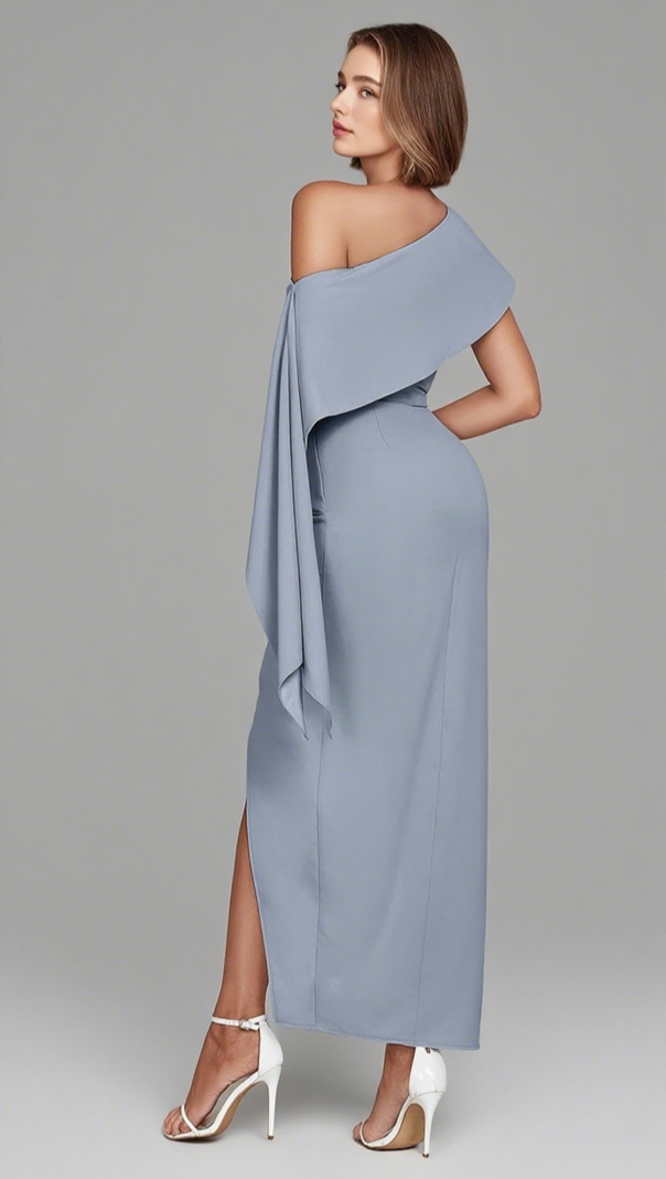 AIIZIE ONE - SHOULDER RUCHED ASYMMETRIC WRAP MIDI DRESS IN NAVY BLUE - product image