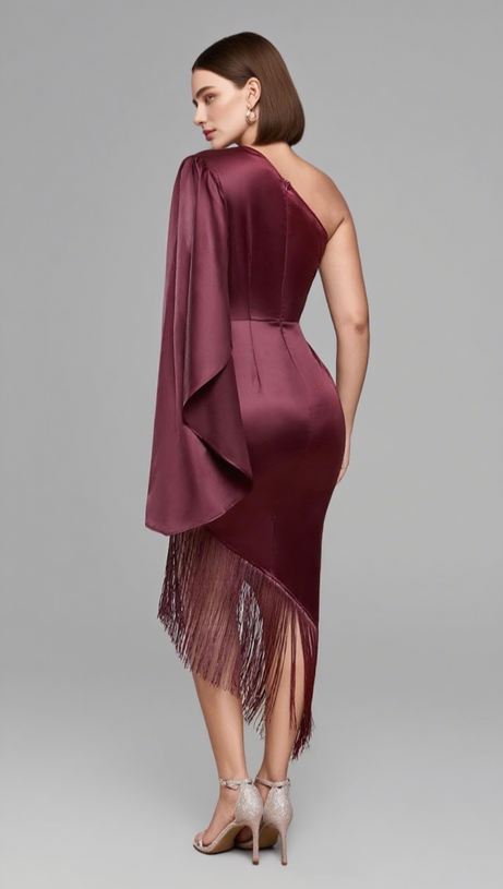 ONE - SHOULDER FRINGE - HEM SATIN MIDI DRESS IN BURGUNDY