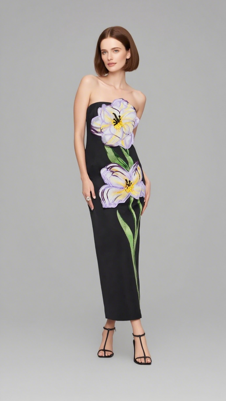 SUZANNE APPLIQUÉ FLORAL BUSTIER MAXI DRESS IN BLACK