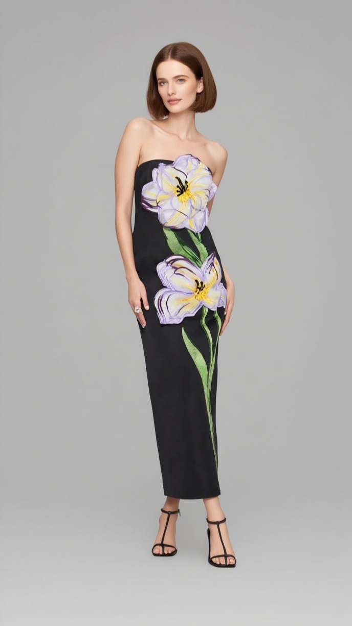 SUZANNE APPLIQUÉ FLORAL BUSTIER MAXI DRESS IN BLACK