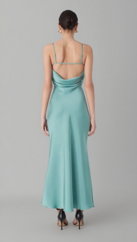 VIDA SATIN MIDI DRESS IN JUNIPER GREEN