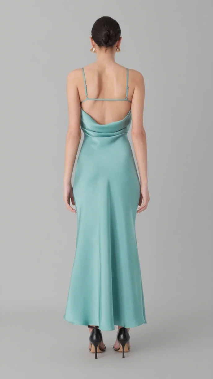 VIDA SATIN MIDI DRESS IN JUNIPER GREEN
