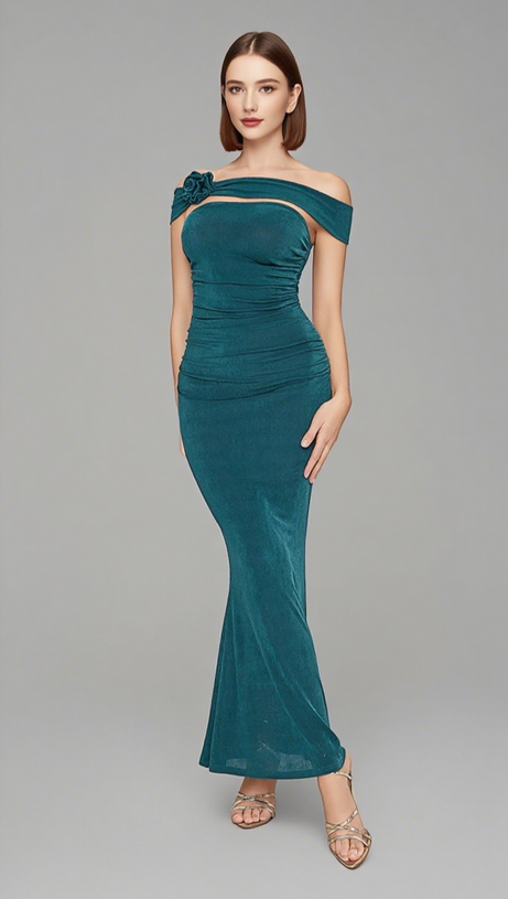 OFF - SHOULDER FLOWER - ACCENT RUCHED MERMAID DRESS IN TEAL