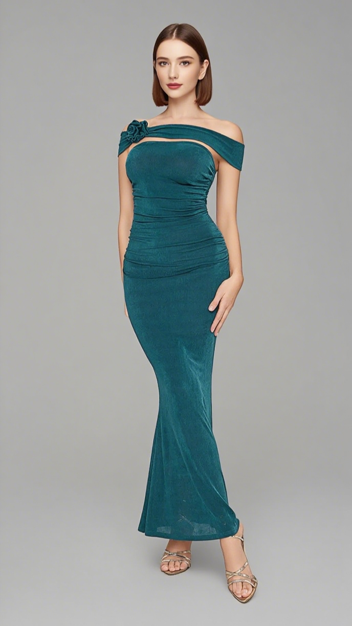 OFF - SHOULDER FLOWER - ACCENT RUCHED MERMAID DRESS IN TEAL