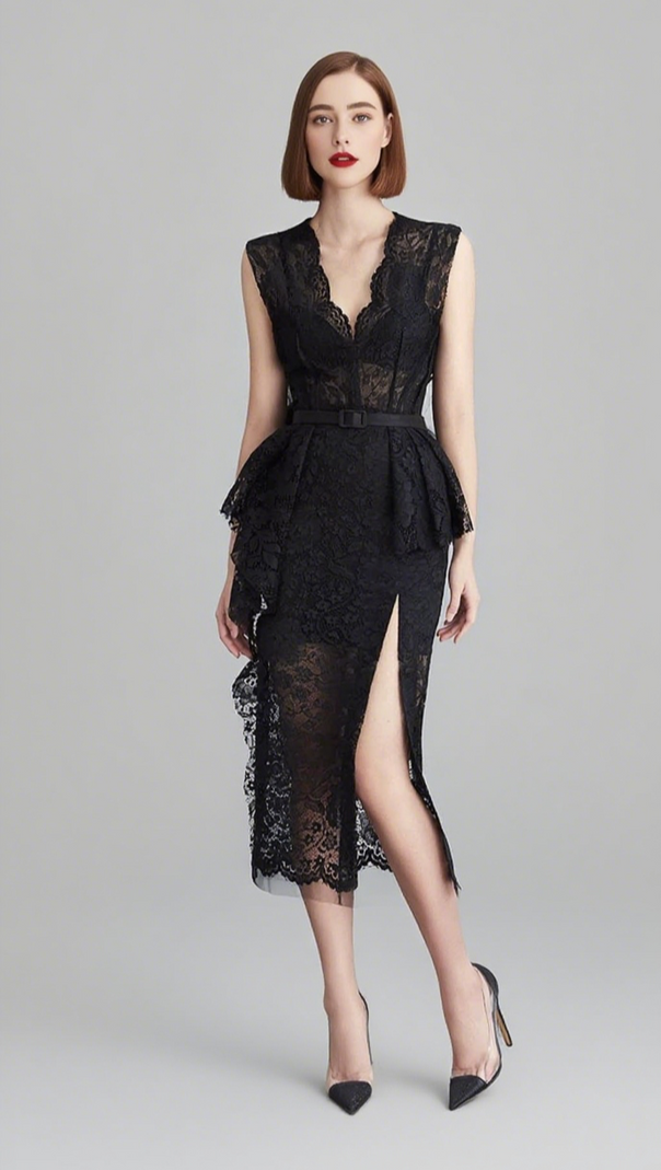 AIIZIE LACE BELTED ASYMMETRIC TIERED MIDI DRESS IN BLACK - product image
