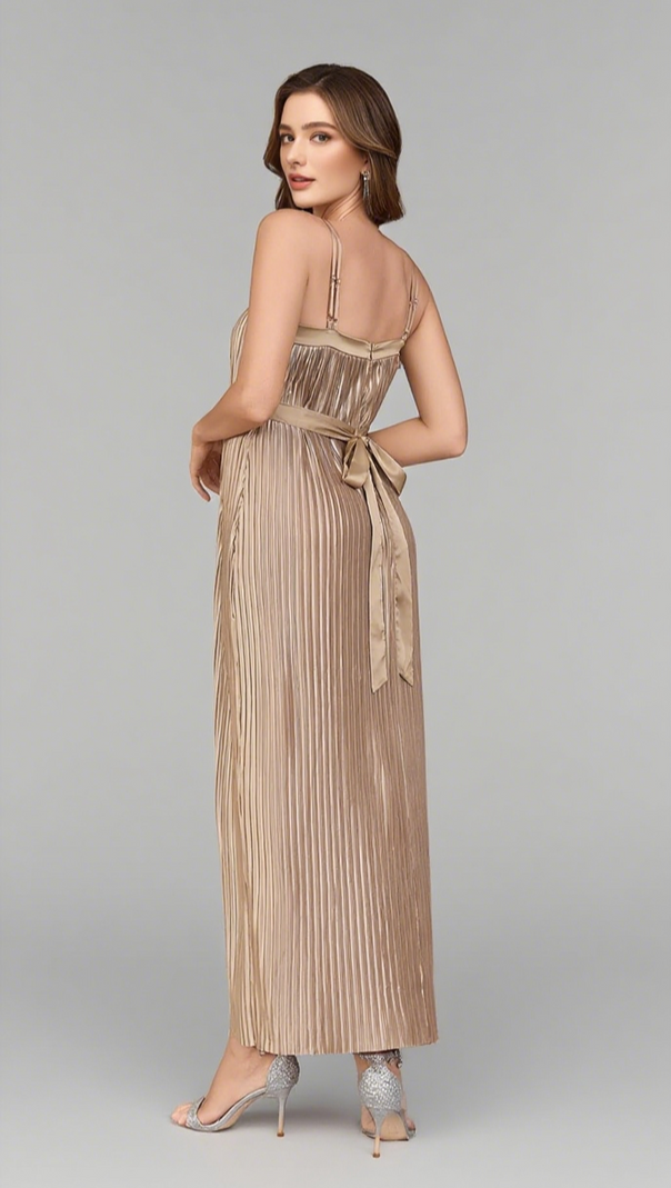 AIIZIE STRAPLESS PLEATED BELTED MAXI DRESS IN CHAMPAGNE - product image