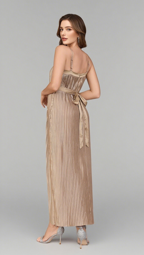 STRAPLESS PLEATED BELTED MAXI DRESS IN CHAMPAGNE