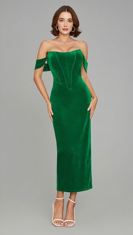 VELVET OFF - SHOULDER CORSET MIDI DRESS IN GREEN